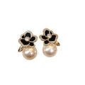 Black Camellia Flower Zircon Pearl Stud Earrings, Elegant Light Luxury Versatile Jewelry view 5