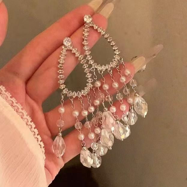 Luxury Crystal Tassel Drop Earrings For Women, Long Teardrop Resort Style Statement Jewelry