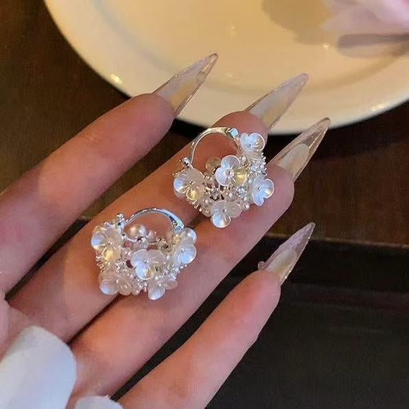 Sweet Romantic Pearl Zircon Hollow Flower Basket Copper Hoop Earrings For Women