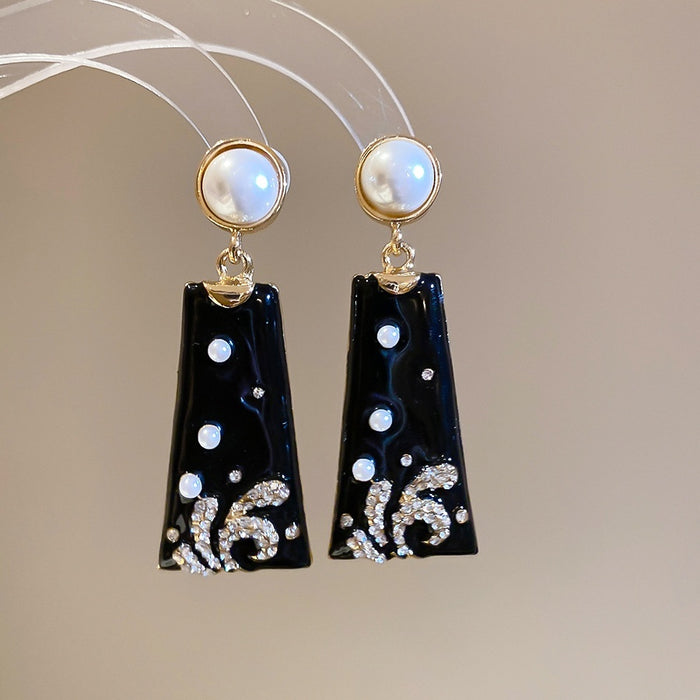 Vintage Geometric Square Rhinestone Enamel Silver Needle Drop Earrings For Women