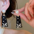 Vintage Geometric Square Rhinestone Enamel Silver Needle Drop Earrings For Women view 2