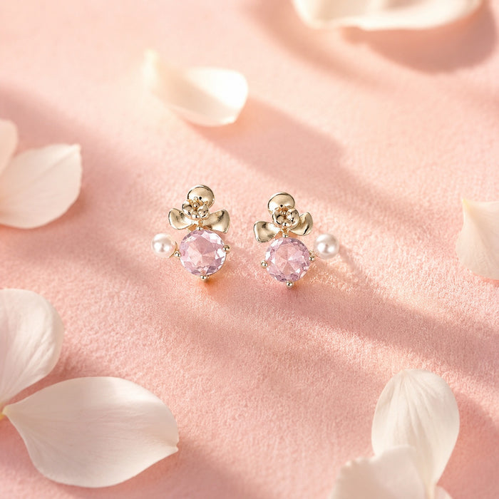 Elegant Flower Zircon Pearl Stud Earrings With Gold Alloy Bow Detail Sweet Luxury Women's Fashion Earrings