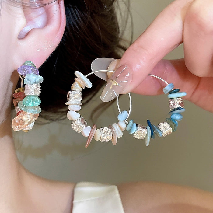 Bohemian Irregular Shell Stone Beaded Hoop Earrings Geometric Forest Style Jewelry