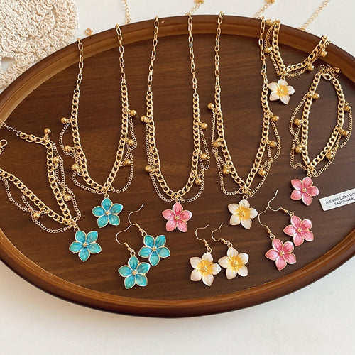 Sweet Vacation Alloy Jewelry Set With Enamel Star Flower Necklace Bracelet And Ear Hooks