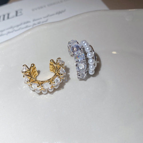 Sparkling Zircon Faux Pearl Clip-on Earrings Korean Light Luxury Geometric Ear Cuffs For Women