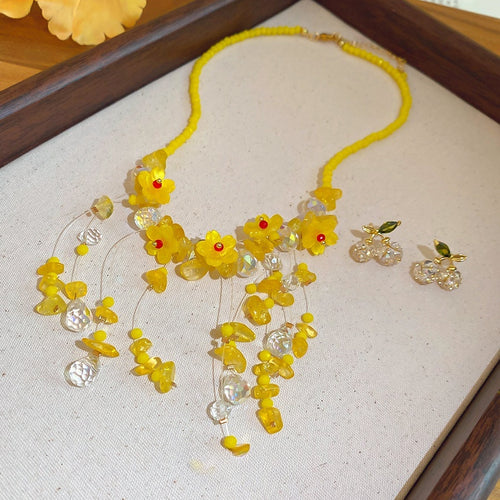 Light Luxury Copper Resin Zircon Beaded Flower Cherry Stud Earrings Necklace Jewelry Set