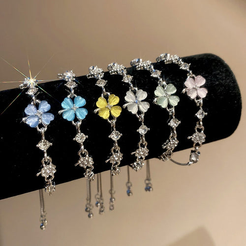 Light Luxury Cat Eye Stone Rhinestone Four Leaf Clover Flower Bangle For Women