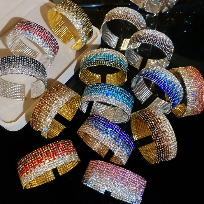 Sparkling Rhinestone Multilayer Round Gradient Open Copper Bangle Fashion Jewelry