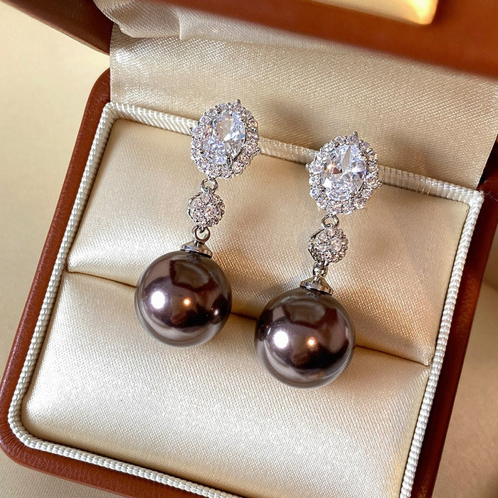 Light Luxury Oval Zircon Faux Pearl Stud Earrings With Silver Pins For Women