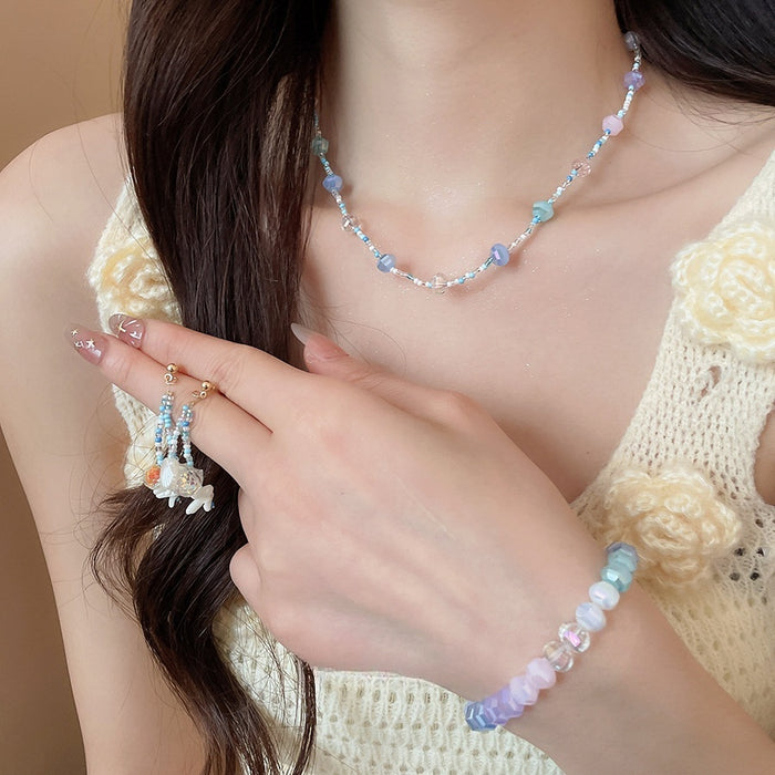 Fresh Sweet Round Faux Crystal Beaded Necklace Stud Earrings Bracelet Jewelry Set
