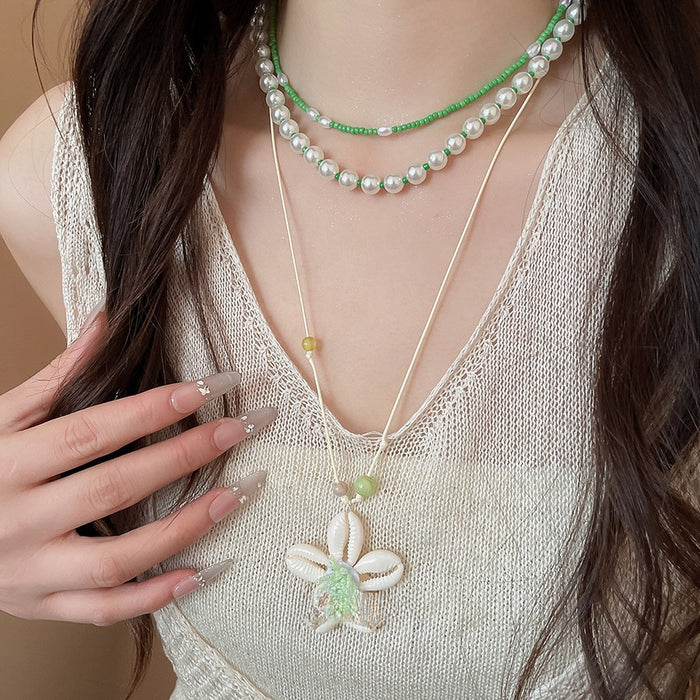 Old Money Style Glass Beaded Pearl Flower Geometric Collarbone Necklace For Summer Beach