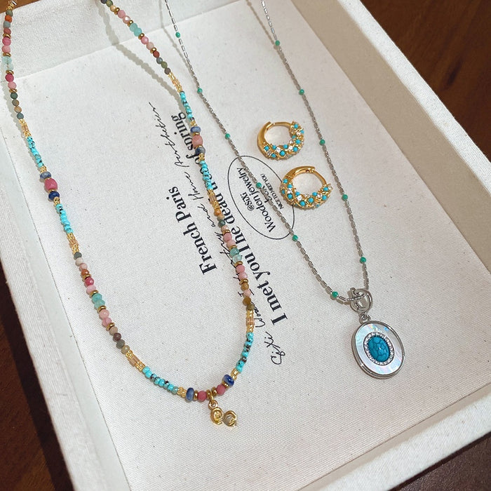 Vintage Style Copper Oval Zircon Beaded Necklace And Ear Cuff Jewelry Set For Women