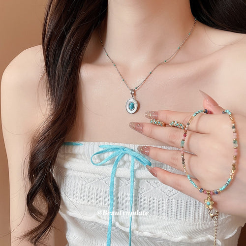Vintage Style Copper Oval Zircon Beaded Necklace And Ear Cuff Jewelry Set For Women