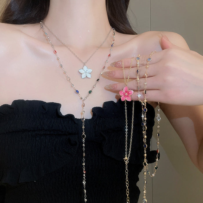 Rainbow Faux Crystal Beaded Enamel Flower Necklace Light Luxury Sweet Vacation Collarbone Chain