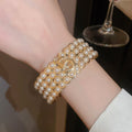 French Vintage Multi Layer Faux Pearl Open Bangle For Women Light Luxury Round Bead Bracelet view 3