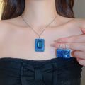 Light Luxury Copper Zircon Square Pendant Necklace And Ear Hook Jewelry Set For Women view 1