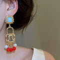 Vintage Palace Style Faux Pearl Lock Tassel Drop Earrings For Women view 3