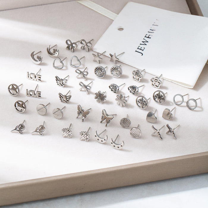 Stainless Steel Moon Star Geometric Stud Earrings Small Versatile Steel Color Jewelry