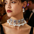 Vintage Bohemian Blue Square Crystal Stud With Pearl Cluster Tassel Alloy Drop Dangle Earrings view 1