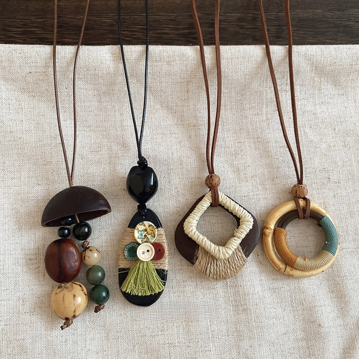 Wood Woven Round Hemp Rope Sweater Necklace For Women Ethnic Forest Style Geometric Pendant
