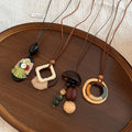 Wood Woven Round Hemp Rope Sweater Necklace For Women Ethnic Forest Style Geometric Pendant view 3