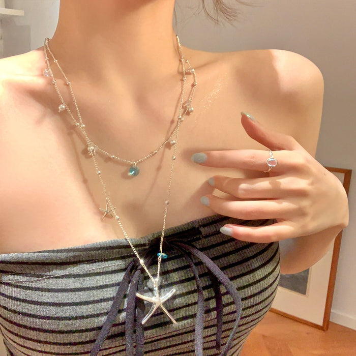 Summer Blue Zircon Starfish Beaded Copper Necklace For Women Beach Vacation Layered Collarbone Jewelry