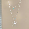Summer Blue Zircon Starfish Beaded Copper Necklace For Women Beach Vacation Layered Collarbone Jewelry view 4