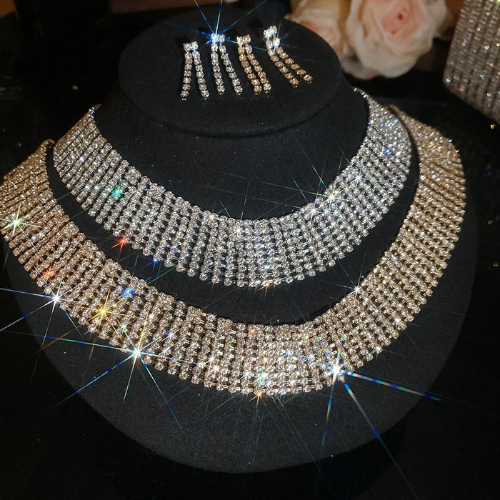Copper Full Rhinestone Wide Choker Necklace And Stud Earrings Jewelry Set Light Luxury Geometric Style