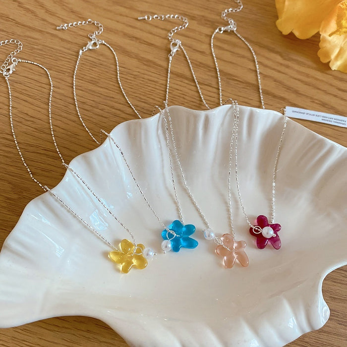 Dopamine Colorful Glass Flower Beaded Pearl Clavicle Necklace For Women Summer Fairy Style