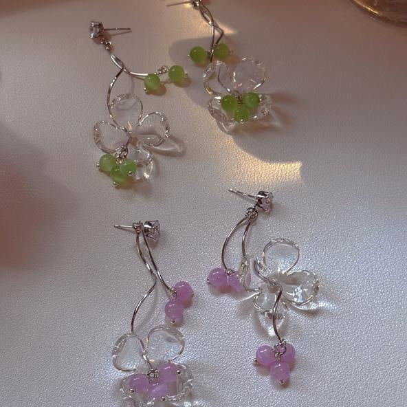 Sweet Green Flower Tassel Drop Earrings With Cubic Zirconia Floral Stud Design
