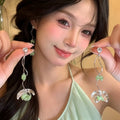 Sweet Green Flower Tassel Drop Earrings With Cubic Zirconia Floral Stud Design view 4