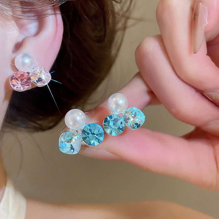 Sea Blue Geometric Faux Pearl Zircon Clip-on Earrings Light Luxury Sweet Style Jewelry