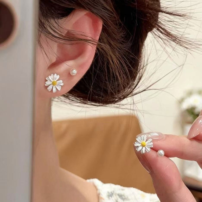 Sweet Daisy Flower Faux Pearl Stud Earrings, Fresh Forest Style Niche Design Jewelry