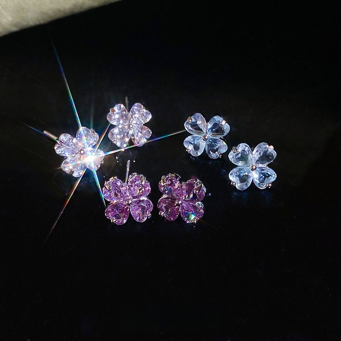 Korean Style Zircon Flower Stud Earrings Copper Silver Post Minimalist Elegant Women's Jewelry