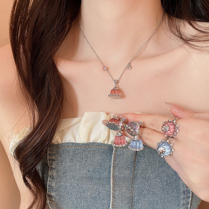 Sweet Cute Resin Pudding Zircon Necklace Stud Earrings Bracelet Jewelry Set
