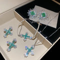Copper Zircon Cross Jewelry Set With Necklace Stud Earrings Bracelet Vintage Luxe Style view 1