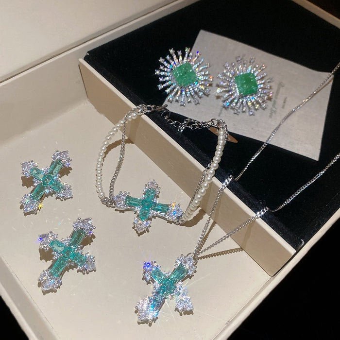 Copper Zircon Cross Jewelry Set With Necklace Stud Earrings Bracelet Vintage Luxe Style