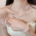 French Sweet Copper Crystal Beaded Flower Pearl Necklace Bracelet Stud Earrings Jewelry Set view 1