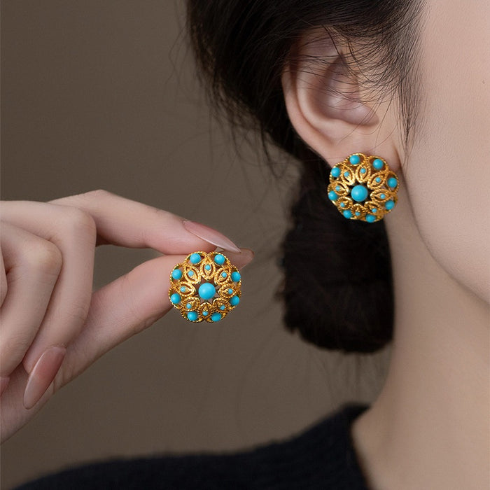 18K Gold Plated Resin Flower Hollow Stud Earrings With Silver Posts Vintage Palace Style Jewelry