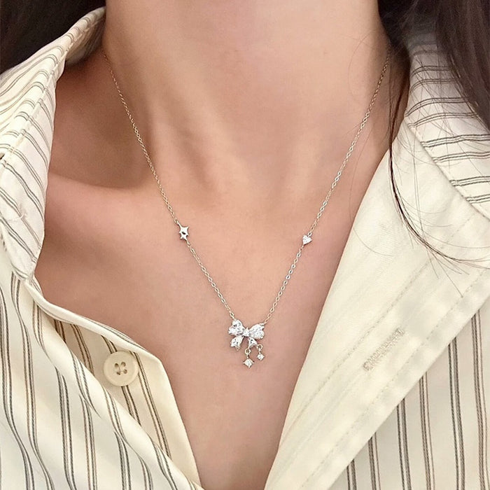 Sparkling Zircon Bow Pendant Copper Necklace, Light Luxury Geometric Clavicle Chain For Women