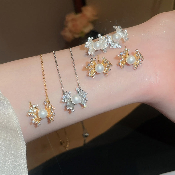 Light Luxury French Vintage Zircon Lace Faux Pearl Necklace And Earrings Jewelry Set