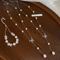 Light Luxury Zircon Bow Faux Pearl Necklace And Bracelet Jewelry Set view 3