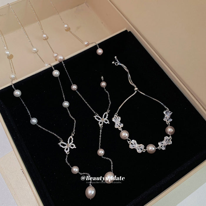 Light Luxury Zircon Bow Faux Pearl Necklace And Bracelet Jewelry Set