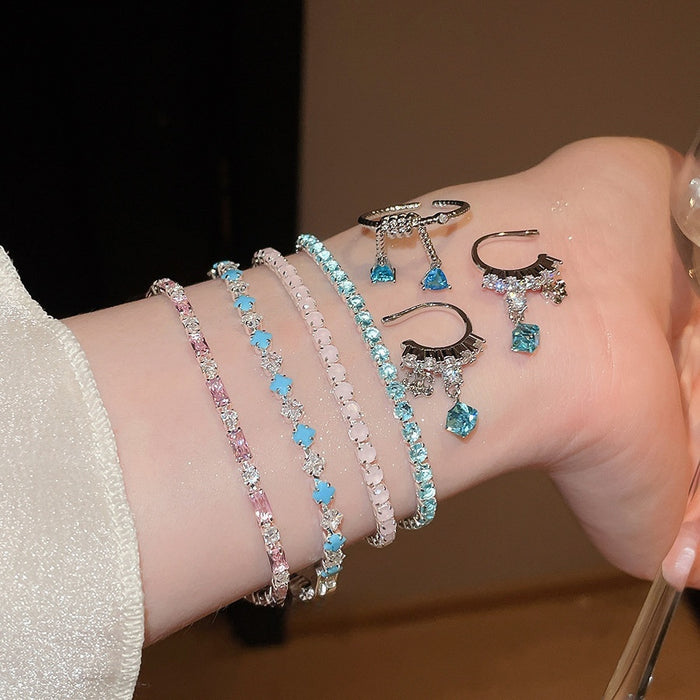 Light Luxury Copper Colorful Zircon Flower Pendant Earrings Bracelet Jewelry Set