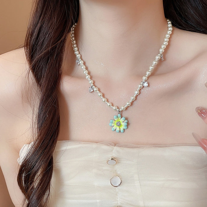 2026 Spring Summer Enamel Flower Faux Pearl Necklace For Women Pastoral Fresh Collarbone Chain