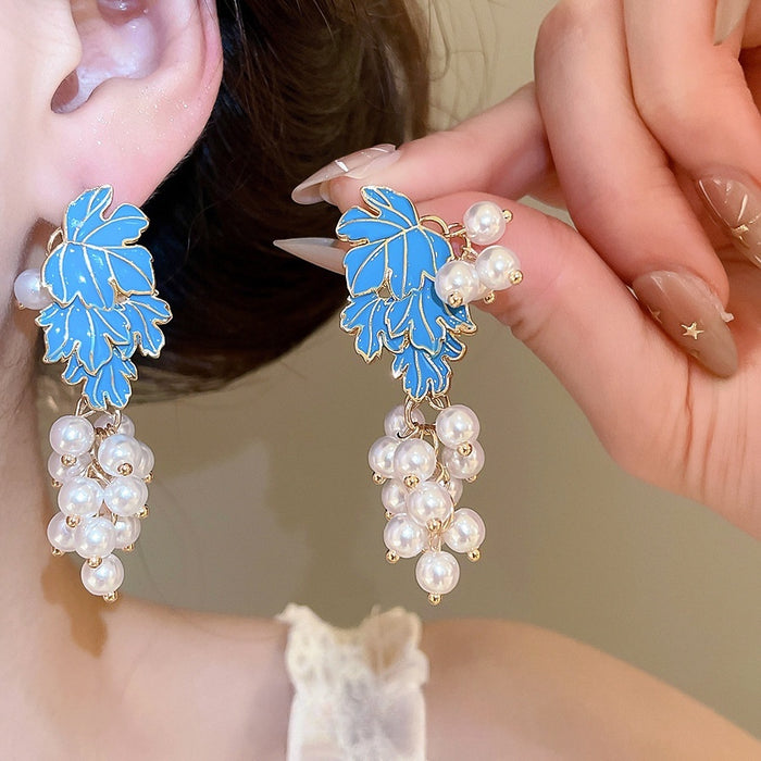French Vintage Grape Cluster Faux Pearl Enamel Drop Earrings Elegant Long Fruit Jewelry
