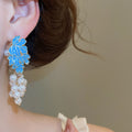 French Vintage Grape Cluster Faux Pearl Enamel Drop Earrings Elegant Long Fruit Jewelry view 3