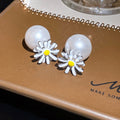 Korean Style Enamel Daisy Flower Faux Pearl Stud Earrings Simple Light Luxury Fashion Jewelry view 3