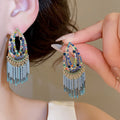 Bohemian Alloy Rhinestone Chain Tassel Drop Earrings With Silver Pins Ethnic Geometric Style view 2