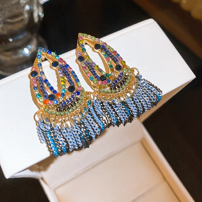 Bohemian Alloy Rhinestone Chain Tassel Drop Earrings With Silver Pins Ethnic Geometric Style